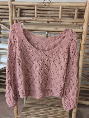 Sezane Dusty Pink Openwork Knit Sweater 100% Cotton